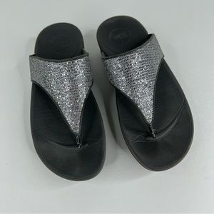 Fitflop Women’s Silver Black Thong Sandals Flip Flop Wedge Shoes Size 5